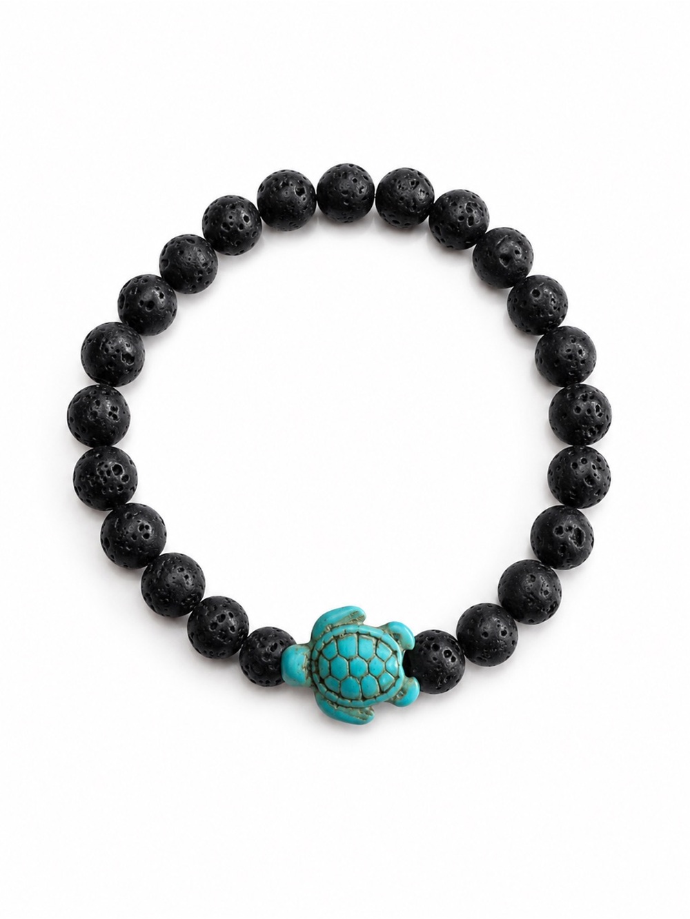Black Lava Stone Bead Bracelet Blue Sea Turtle Stretch Beach Boho Unisex